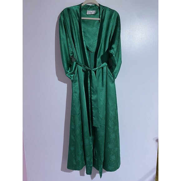Vtg Christian Dior Satin Robe Women P Green Floral Christmas Sexy Romantic USA - Picture 2 of 15